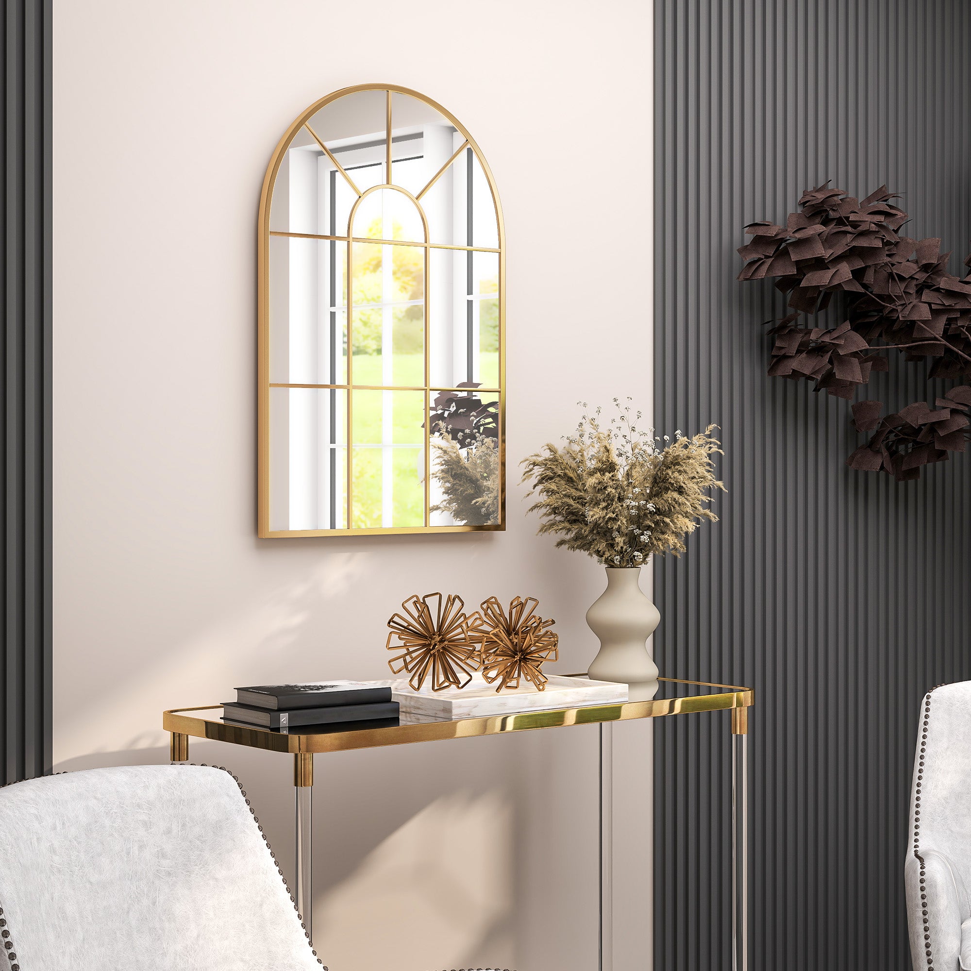 HOMCOM Modern Arched Wall Mirror, 91 x 60 cm Window Mirrors for Living Room, Bedroom, Gold Tone
